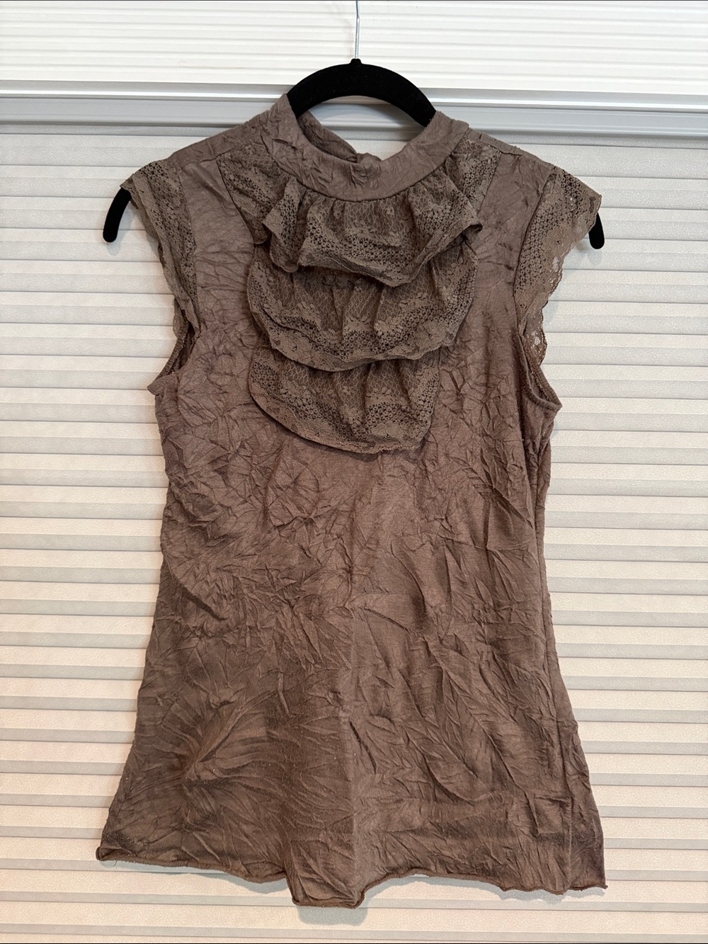 ArednB.Sleeveless Ruffle Neck Lace Top - Taupe